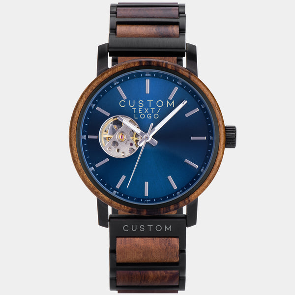 AlderWood Mens Blue Face Automatic Watch - Custom Wood Watch For Men - Men's Blue Dial Watches - Mens Blue Face Watch Black Strap - Ecofriendly Custom Anniversary Gift - Sustainable Groomsmen Gifts Custom Personalized Watch For Men Birthday. Holiday 2023 Gifts For Men, Luxury Wood Watches Best Custom Watch For Husband, Boyfriend, Groom, Groomsmen, and More