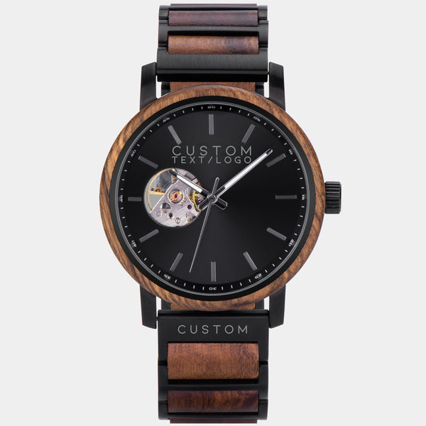 AlderWood Matte Black Titanium | Custom Automatic Wood Watch For Men. Custom Engraved Mechanical Wooden Watches For Men. Skeleton Back Watch |Engraved In Nature Watches - Custom Personalized Watch For Men Birthday. Holiday 2022 Gifts For Men, Luxury Wood Watches Best Custom Watch For Husband, Boyfriend, Groom, Groomsmen, and More