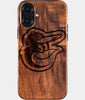 Eco-friendly Baltimore Orioles iPhone 16 Plus Case - Carved Wood Custom Baltimore Orioles Gift For Him - Monogrammed Personalized iPhone 16 Plus Cover By Engraved In Nature