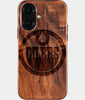 Eco-friendly Edmonton Oilers iPhone 16 Case - Carved Wood Custom Edmonton Oilers Gift For Him - Monogrammed Personalized iPhone 16 Cover By Engraved In Nature