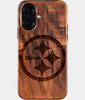 Eco-friendly Pittsburgh Steelers iPhone 16 Case - Carved Wood Custom Pittsburgh Steelers Gift For Him - Monogrammed Personalized iPhone 16 Cover By Engraved In Nature