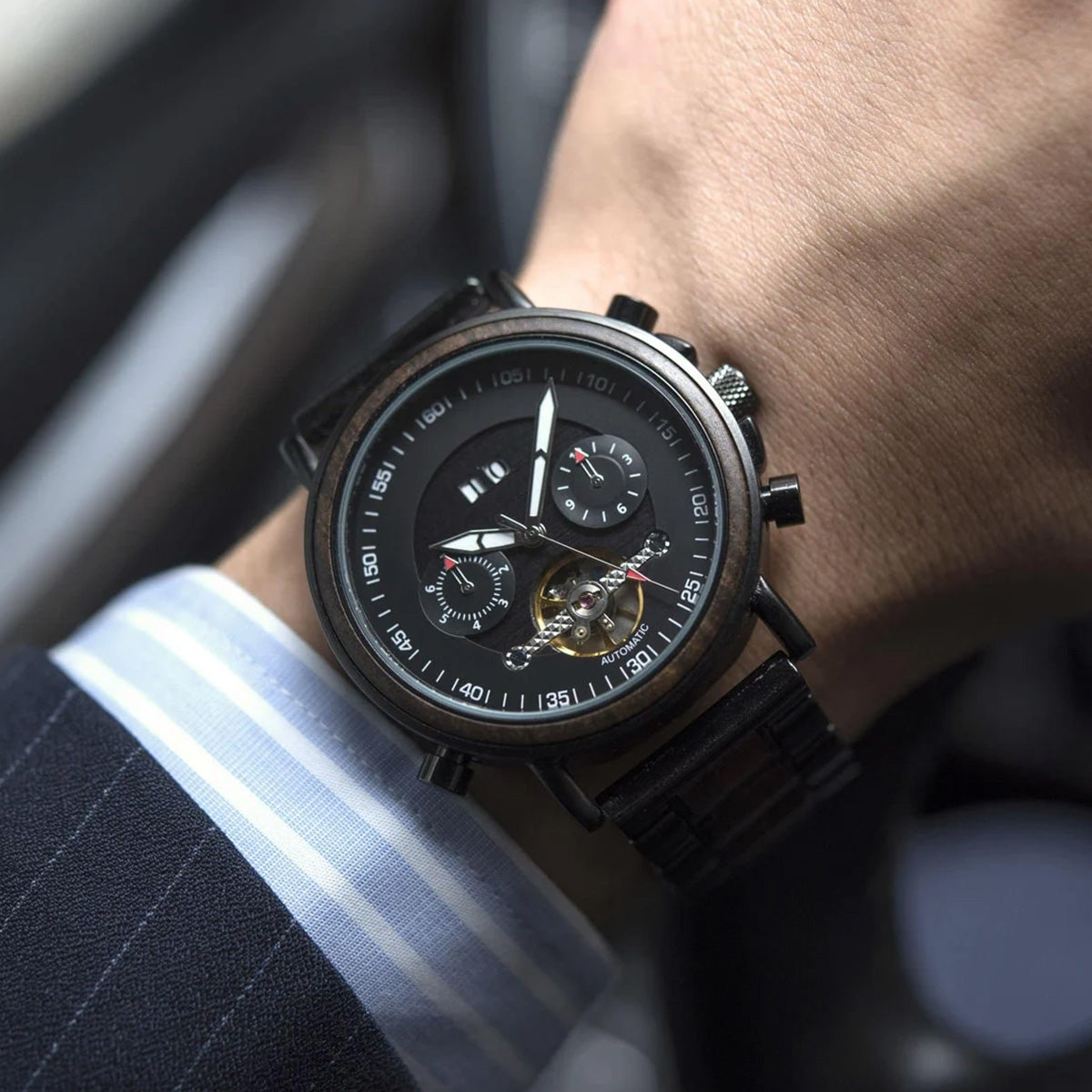 AlderGrove Matte Black Titanium | Custom Automatic Mechanical Wood Watch For Men