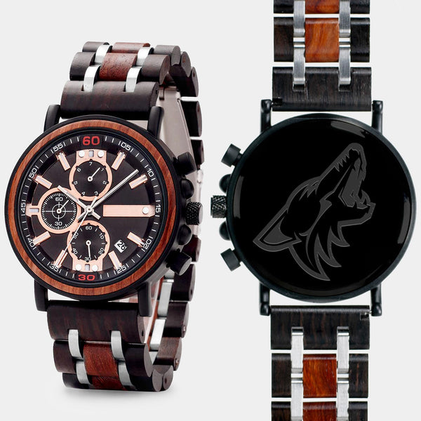 Arizona Coyotes Mens Wrist Watch  - Personalized Arizona Coyotes Mens Watches - Custom Gifts For Him, Birthday Gifts, Gift For Dad - Best 2022 Arizona Coyotes Christmas Gifts - Black 45mm NHL Wood Watch - By Engraved In Nature