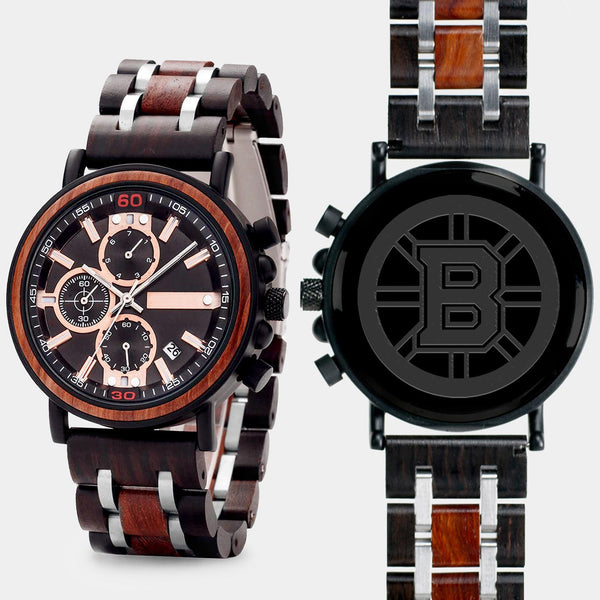 Boston Bruins Mens Wrist Watch  - Personalized Boston Bruins Mens Watches - Custom Gifts For Him, Birthday Gifts, Gift For Dad - Best 2022 Boston Bruins Christmas Gifts - Black 45mm NHL Wood Watch - By Engraved In Nature