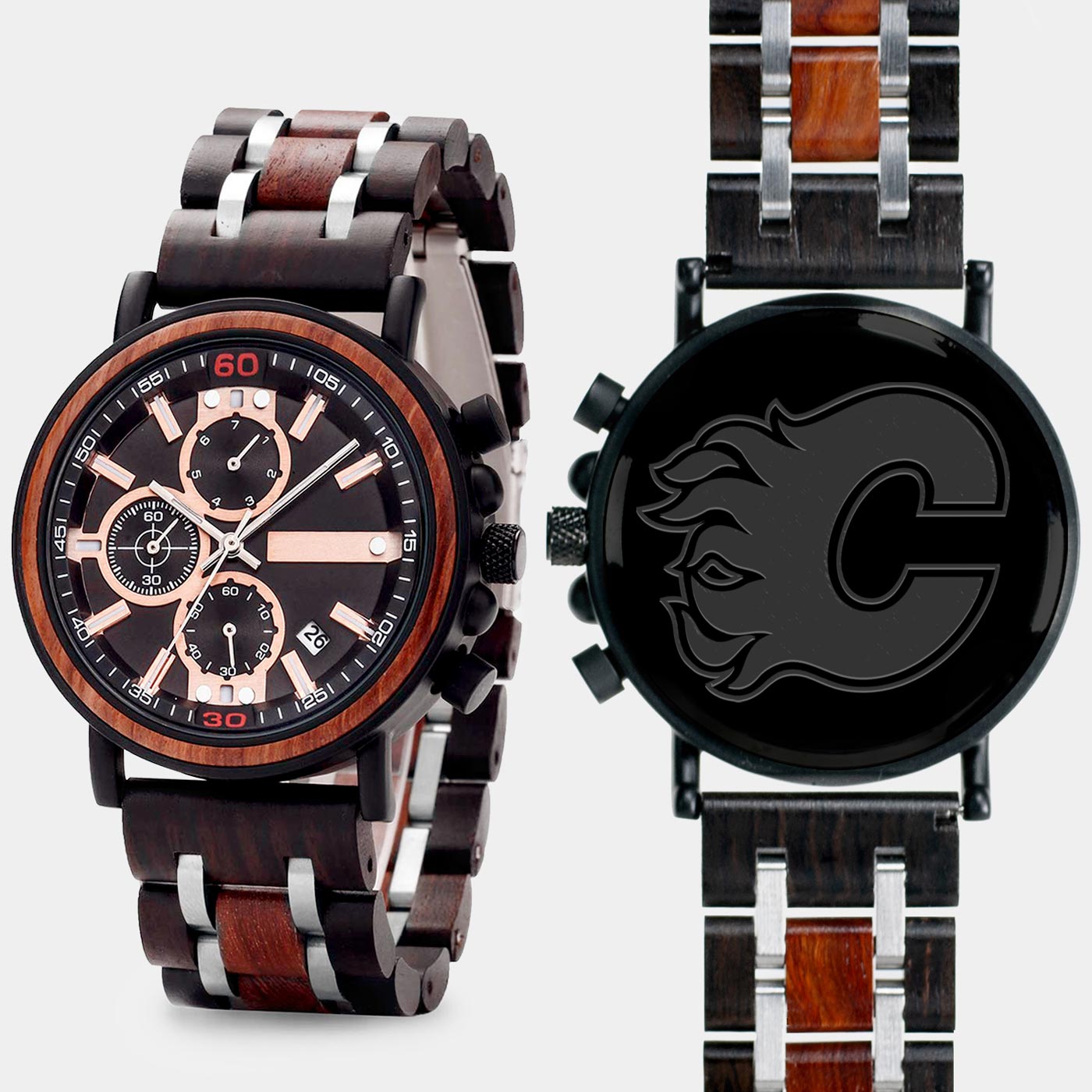 Calgary Flames Mens Wrist Watch  - Personalized Calgary Flames Mens Watches - Custom Gifts For Him, Birthday Gifts, Gift For Dad - Best 2022 Calgary Flames Christmas Gifts - Black 45mm NHL Wood Watch - By Engraved In Nature