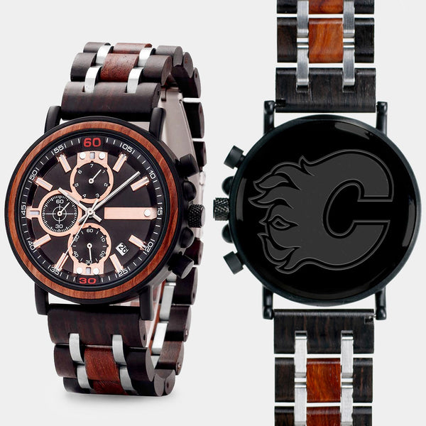 Calgary Flames Mens Wrist Watch  - Personalized Calgary Flames Mens Watches - Custom Gifts For Him, Birthday Gifts, Gift For Dad - Best 2022 Calgary Flames Christmas Gifts - Black 45mm NHL Wood Watch - By Engraved In Nature