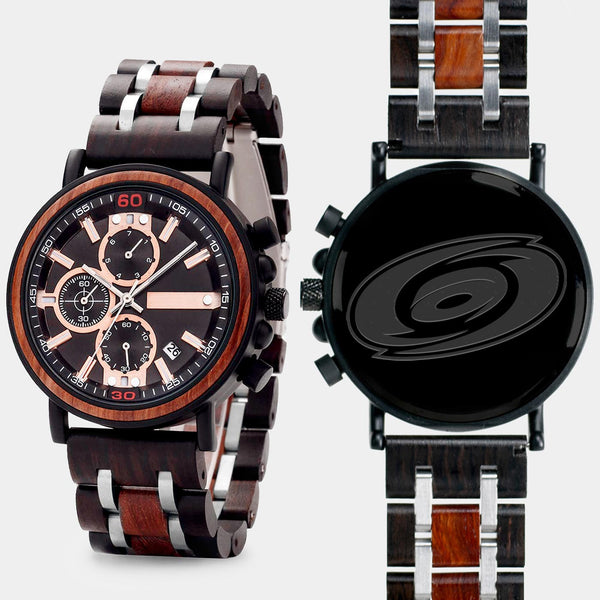 Carolina Hurricanes Mens Wrist Watch  - Personalized Carolina Hurricanes Mens Watches - Custom Gifts For Him, Birthday Gifts, Gift For Dad - Best 2022 Carolina Hurricanes Christmas Gifts - Black 45mm NHL Wood Watch - By Engraved In Nature