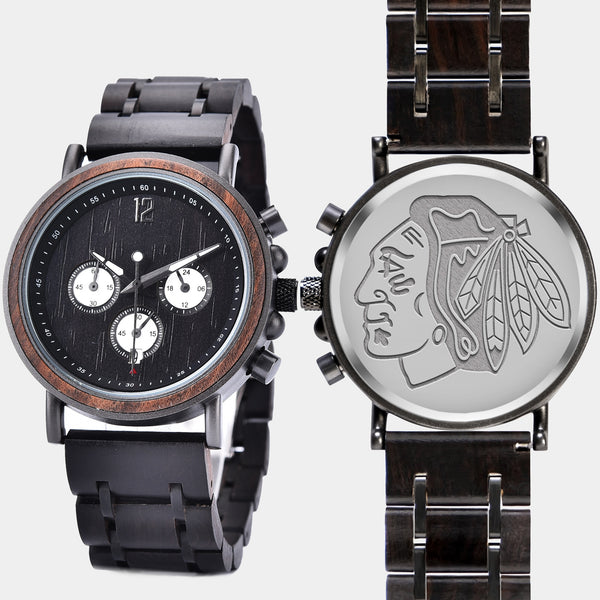 Chicago Blackhawks Mens Wrist Watch  - Personalized Chicago Blackhawks Mens Watches - Custom Gifts For Him, Birthday Gifts, Gift For Dad - Best 2022 Chicago Blackhawks Christmas Gifts - Black 45mm NHL Wood Watch - By Engraved In Nature