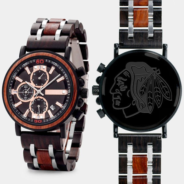 Chicago Blackhawks Mens Wrist Watch  - Personalized Chicago Blackhawks Mens Watches - Custom Gifts For Him, Birthday Gifts, Gift For Dad - Best 2022 Chicago Blackhawks Christmas Gifts - Black 45mm NHL Wood Watch - By Engraved In Nature