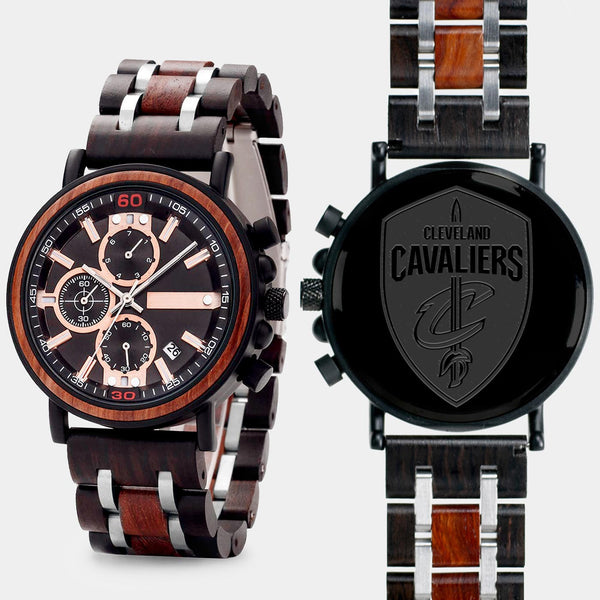 Cleveland Cavaliers Mens Wrist Watch  - Personalized Cleveland Cavaliers Mens Watches - Custom Gifts For Him, Birthday Gifts, Gift For Dad - Best 2022 Cleveland Cavaliers Christmas Gifts - Black 45mm NBA Wood Watch - By Engraved In Nature