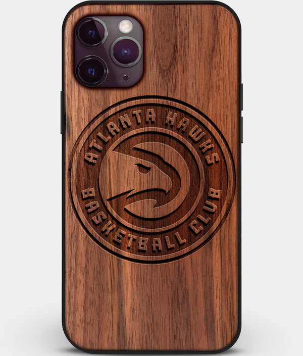 Custom Carved Wood Atlanta Hawks iPhone 11 Pro Case | Personalized Walnut Wood Atlanta Hawks Cover, Birthday Gift, Gifts For Him, Monogrammed Gift For Fan | by Engraved In Nature