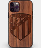 Custom Carved Wood Atletico Madrid iPhone 11 Pro Max Case | Personalized Walnut Wood Atletico Madrid Cover, Birthday Gift, Gifts For Him, Monogrammed Gift For Fan | by Engraved In Nature