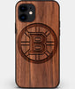 Custom Carved Wood Boston Bruins iPhone 12 Case | Personalized Walnut Wood Boston Bruins Cover, Birthday Gift, Gifts For Him, Monogrammed Gift For Fan | by Engraved In Nature