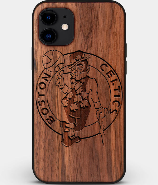 Custom Carved Wood Boston Celtics iPhone 11 Case | Personalized Walnut Wood Boston Celtics Cover, Birthday Gift, Gifts For Him, Monogrammed Gift For Fan | by Engraved In Nature