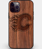 Custom Carved Wood Calgary Flames iPhone 12 Pro Case | Personalized Walnut Wood Calgary Flames Cover, Birthday Gift, Gifts For Him, Monogrammed Gift For Fan | by Engraved In Nature
