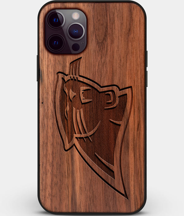 Custom Carved Wood Carolina Panthers iPhone 12 Pro Case | Personalized Walnut Wood Carolina Panthers Cover, Birthday Gift, Gifts For Him, Monogrammed Gift For Fan | by Engraved In Nature