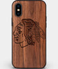 Custom Carved Wood Chicago Blackhawks iPhone X/XS Case | Personalized Walnut Wood Chicago Blackhawks Cover, Birthday Gift, Gifts For Him, Monogrammed Gift For Fan | by Engraved In Nature
