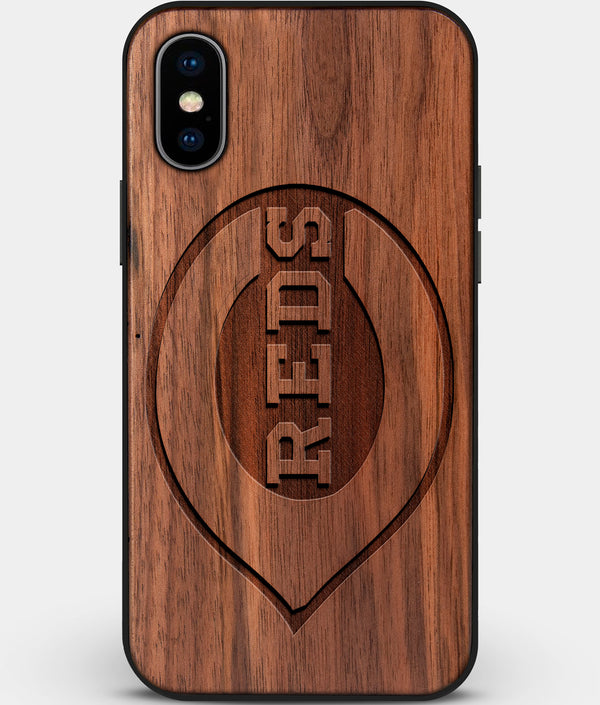 Custom Carved Wood Cincinnati Reds iPhone XS Max Case | Personalized Walnut Wood Cincinnati Reds Cover, Birthday Gift, Gifts For Him, Monogrammed Gift For Fan | by Engraved In Nature
