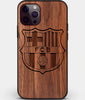 Custom Carved Wood FC Barcelona iPhone 12 Pro Case | Personalized Walnut Wood FC Barcelona Cover, Birthday Gift, Gifts For Him, Monogrammed Gift For Fan | by Engraved In Nature