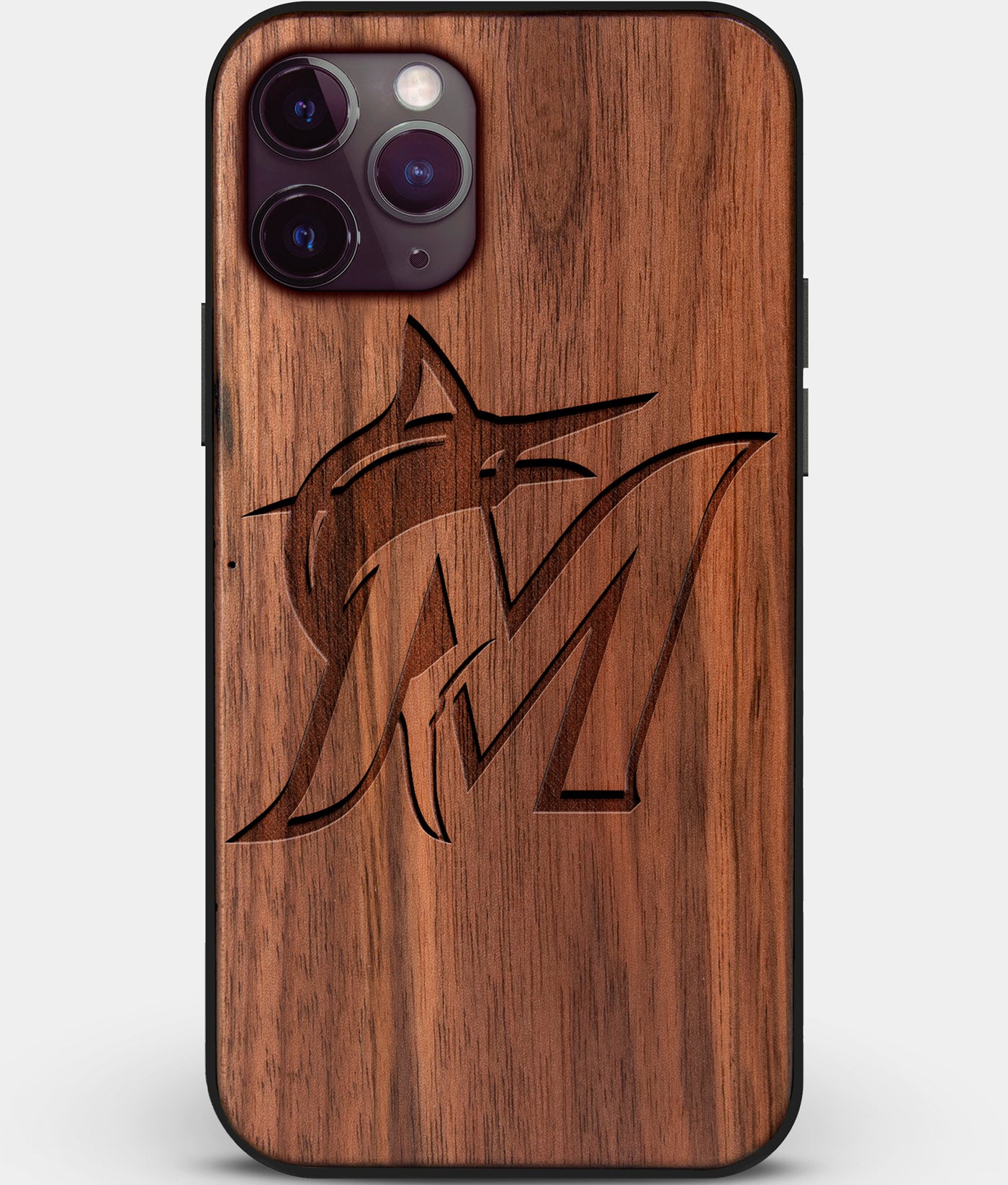 Custom Carved Wood Miami Marlins iPhone 11 Pro Case | Personalized Walnut Wood Miami Marlins Cover, Birthday Gift, Gifts For Him, Monogrammed Gift For Fan | by Engraved In Nature