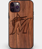 Custom Carved Wood Miami Marlins iPhone 11 Pro Case | Personalized Walnut Wood Miami Marlins Cover, Birthday Gift, Gifts For Him, Monogrammed Gift For Fan | by Engraved In Nature