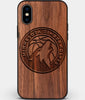 Custom Carved Wood Minnesota Timberwolves iPhone X/XS Case | Personalized Walnut Wood Minnesota Timberwolves Cover, Birthday Gift, Gifts For Him, Monogrammed Gift For Fan | by Engraved In Nature