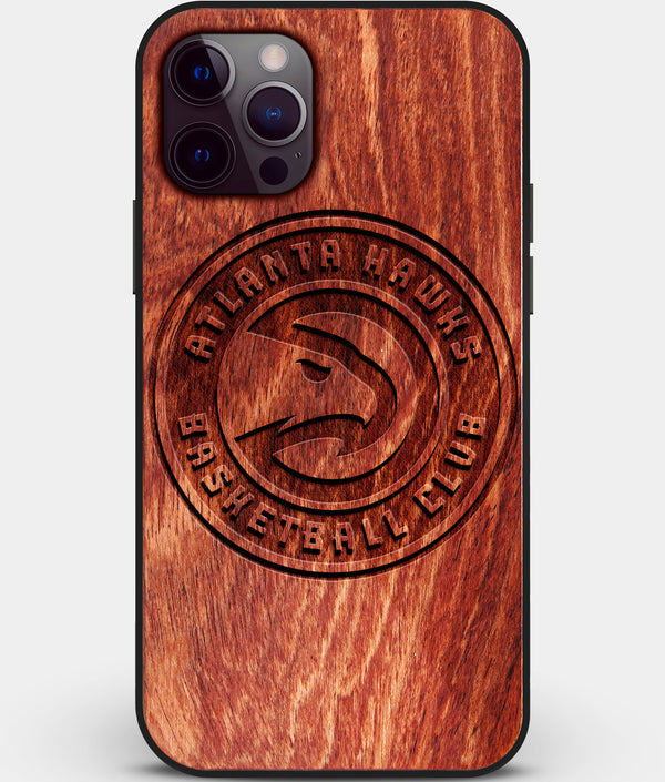 Custom Carved Wood Atlanta Hawks iPhone 12 Pro Max Case | Personalized Mahogany Wood Atlanta Hawks Cover, Birthday Gift, Gifts For Him, Monogrammed Gift For Fan | by Engraved In Nature