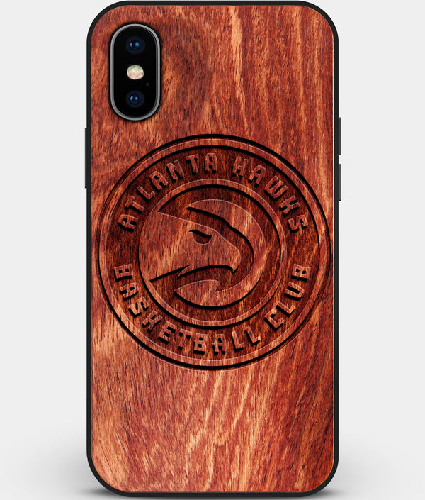 Custom Carved Wood Atlanta Hawks iPhone XS Max Case | Personalized Mahogany Wood Atlanta Hawks Cover, Birthday Gift, Gifts For Him, Monogrammed Gift For Fan | by Engraved In Nature