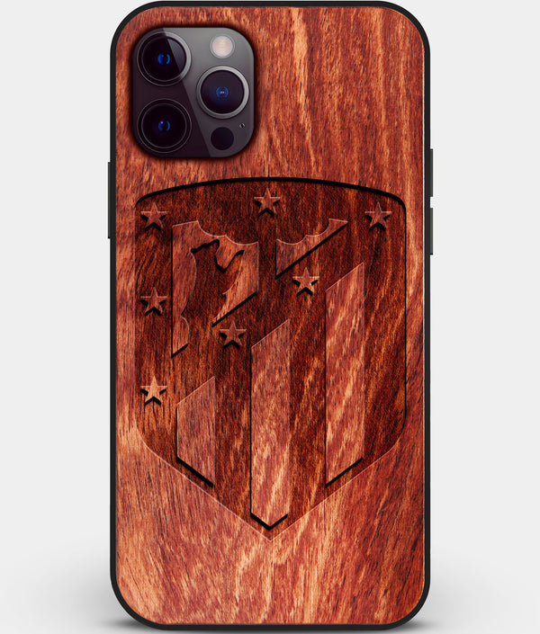 Custom Carved Wood Atletico Madrid iPhone 12 Pro Case | Personalized Mahogany Wood Atletico Madrid Cover, Birthday Gift, Gifts For Him, Monogrammed Gift For Fan | by Engraved In Nature