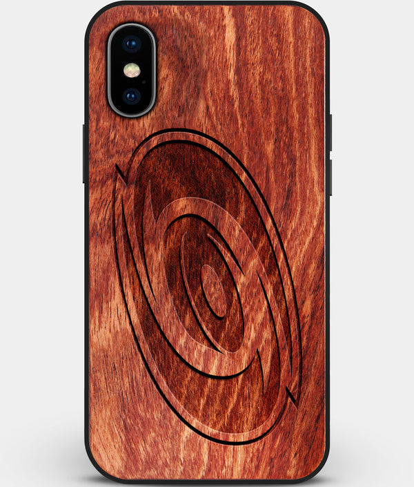 Custom Carved Wood Carolina Hurricanes iPhone X/XS Case | Personalized Mahogany Wood Carolina Hurricanes Cover, Birthday Gift, Gifts For Him, Monogrammed Gift For Fan | by Engraved In Nature