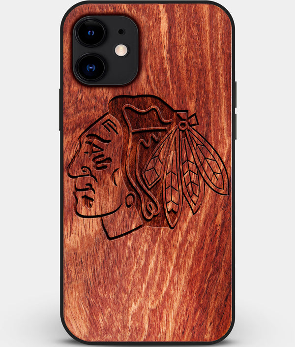 Custom Carved Wood Chicago Blackhawks iPhone 12 Mini Case | Personalized Mahogany Wood Chicago Blackhawks Cover, Birthday Gift, Gifts For Him, Monogrammed Gift For Fan | by Engraved In Nature