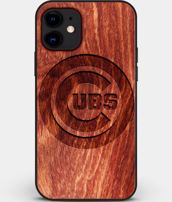 Custom Carved Wood Chicago Cubs iPhone 11 Case | Personalized Mahogany Wood Chicago Cubs Cover, Birthday Gift, Gifts For Him, Monogrammed Gift For Fan | by Engraved In Nature