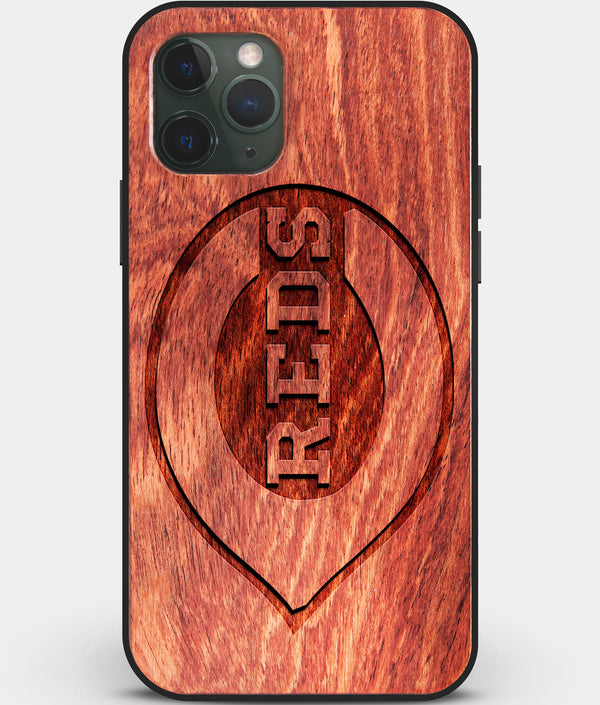 Custom Carved Wood Cincinnati Reds iPhone 11 Pro Max Case | Personalized Mahogany Wood Cincinnati Reds Cover, Birthday Gift, Gifts For Him, Monogrammed Gift For Fan | by Engraved In Nature