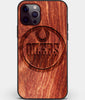 Custom Carved Wood Edmonton Oilers iPhone 12 Pro Case | Personalized Mahogany Wood Edmonton Oilers Cover, Birthday Gift, Gifts For Him, Monogrammed Gift For Fan | by Engraved In Nature