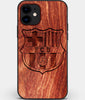 Custom Carved Wood FC Barcelona iPhone 12 Mini Case | Personalized Mahogany Wood FC Barcelona Cover, Birthday Gift, Gifts For Him, Monogrammed Gift For Fan | by Engraved In Nature