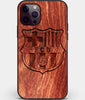 Custom Carved Wood FC Barcelona iPhone 12 Pro Max Case | Personalized Mahogany Wood FC Barcelona Cover, Birthday Gift, Gifts For Him, Monogrammed Gift For Fan | by Engraved In Nature
