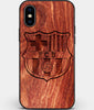 Custom Carved Wood FC Barcelona iPhone X/XS Case | Personalized Mahogany Wood FC Barcelona Cover, Birthday Gift, Gifts For Him, Monogrammed Gift For Fan | by Engraved In Nature