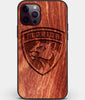 Custom Carved Wood Florida Panthers iPhone 12 Pro Case | Personalized Mahogany Wood Florida Panthers Cover, Birthday Gift, Gifts For Him, Monogrammed Gift For Fan | by Engraved In Nature
