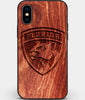 Custom Carved Wood Florida Panthers iPhone XS Max Case | Personalized Mahogany Wood Florida Panthers Cover, Birthday Gift, Gifts For Him, Monogrammed Gift For Fan | by Engraved In Nature