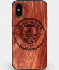 Custom Carved Wood Manchester City F.C. iPhone X/XS Case | Personalized Mahogany Wood Manchester City F.C. Cover, Birthday Gift, Gifts For Him, Monogrammed Gift For Fan | by Engraved In Nature