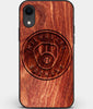 Custom Carved Wood Milwaukee Brewers iPhone XR Case | Personalized Mahogany Wood Milwaukee Brewers Cover, Birthday Gift, Gifts For Him, Monogrammed Gift For Fan | by Engraved In Nature