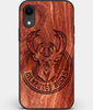 Custom Carved Wood Milwaukee Bucks iPhone XR Case | Personalized Mahogany Wood Milwaukee Bucks Cover, Birthday Gift, Gifts For Him, Monogrammed Gift For Fan | by Engraved In Nature