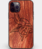 Custom Carved Wood Minnesota Vikings iPhone 12 Pro Max Case | Personalized Mahogany Wood Minnesota Vikings Cover, Birthday Gift, Gifts For Him, Monogrammed Gift For Fan | by Engraved In Nature