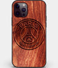 Custom Carved Wood Paris Saint Germain F.C. iPhone 12 Pro Case | Personalized Mahogany Wood Paris Saint Germain F.C. Cover, Birthday Gift, Gifts For Him, Monogrammed Gift For Fan | by Engraved In Nature