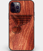 Custom Carved Wood St Louis Blues iPhone 12 Pro Case | Personalized Mahogany Wood St Louis Blues Cover, Birthday Gift, Gifts For Him, Monogrammed Gift For Fan | by Engraved In Nature