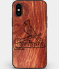 Custom Carved Wood St Louis Cardinals iPhone X/XS Case | Personalized Mahogany Wood St Louis Cardinals Cover, Birthday Gift, Gifts For Him, Monogrammed Gift For Fan | by Engraved In Nature