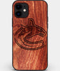 Custom Carved Wood Vancouver Canucks iPhone 12 Mini Case | Personalized Mahogany Wood Vancouver Canucks Cover, Birthday Gift, Gifts For Him, Monogrammed Gift For Fan | by Engraved In Nature