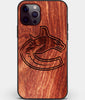 Custom Carved Wood Vancouver Canucks iPhone 12 Pro Case | Personalized Mahogany Wood Vancouver Canucks Cover, Birthday Gift, Gifts For Him, Monogrammed Gift For Fan | by Engraved In Nature