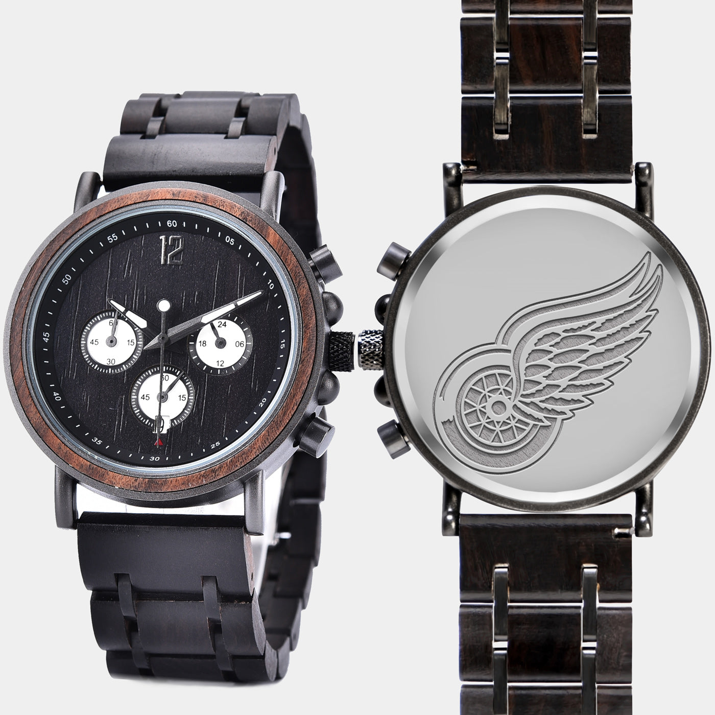 Detroit Red Wings Mens Wrist Watch  - Personalized Detroit Red Wings Mens Watches - Custom Gifts For Him, Birthday Gifts, Gift For Dad - Best 2022 Detroit Red Wings Christmas Gifts - Black 45mm NHL Wood Watch - By Engraved In Nature