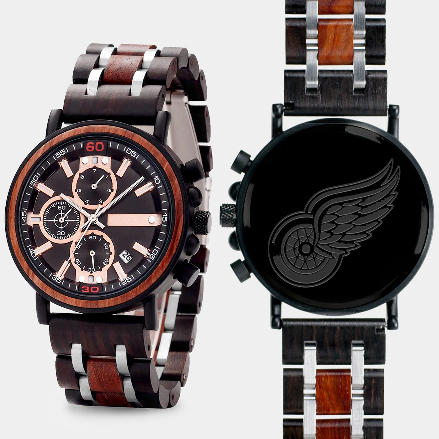 Detroit Red Wings Mens Wrist Watch  - Personalized Detroit Red Wings Mens Watches - Custom Gifts For Him, Birthday Gifts, Gift For Dad - Best 2022 Detroit Red Wings Christmas Gifts - Black 45mm NHL Wood Watch - By Engraved In Nature